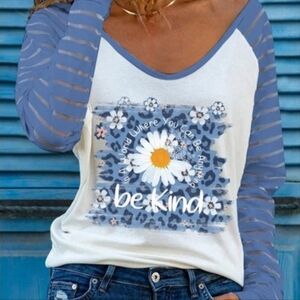 Azura Exchange Blue Be Kind Floral Leopard Print Raglan Top